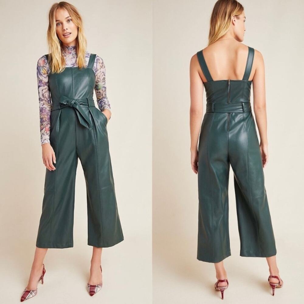 Anthropologie Green Faux Leather Samira Cropped Jumpsuit Sz.2 - Picture 3 of 16